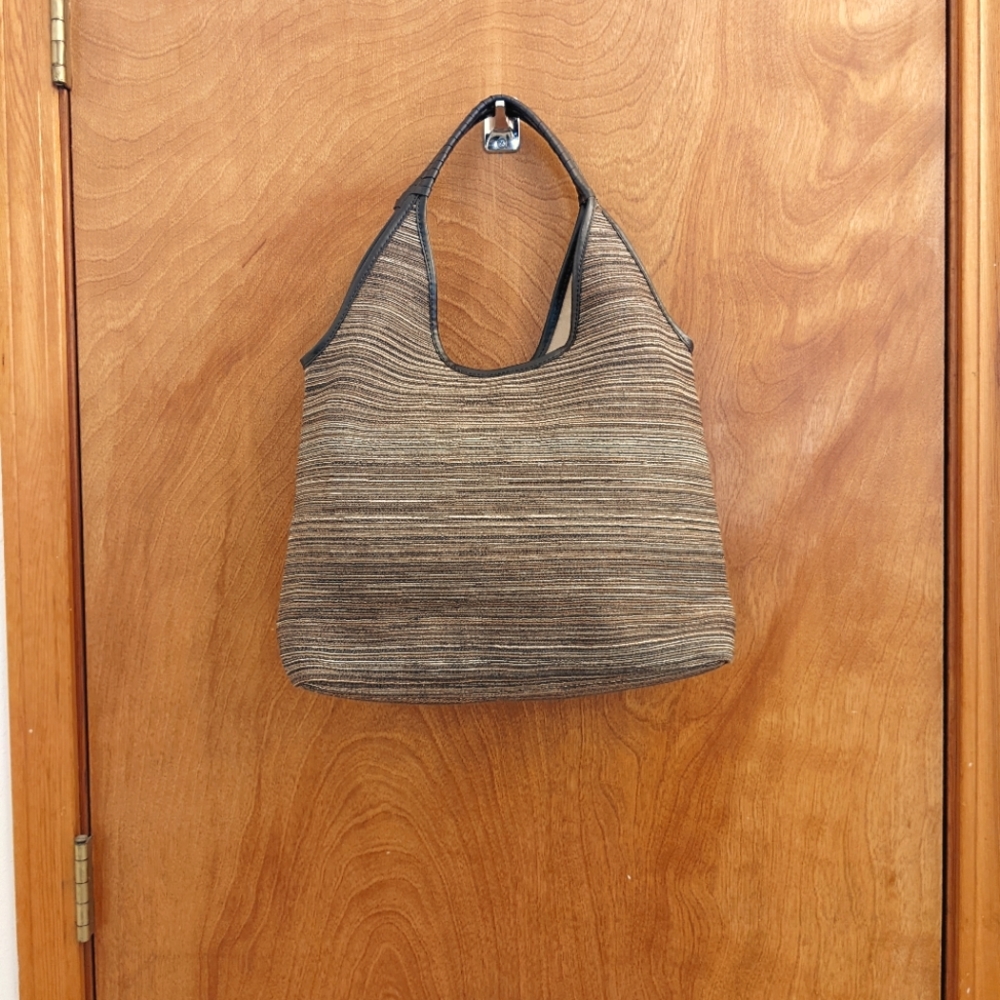 Eddie Bauer hobo bucket bag, brown woven design, fabric lined